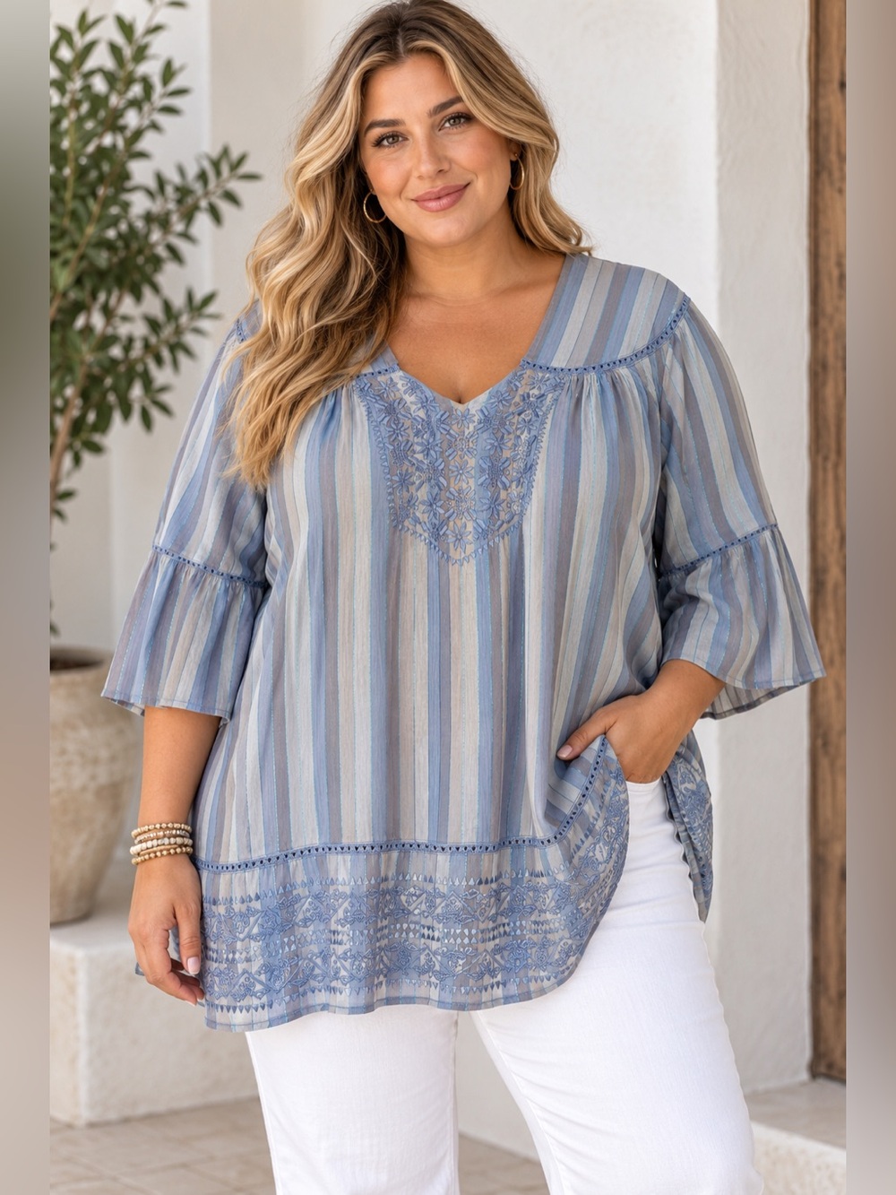 Denim 24/7 Size 24 Boho Embroidered Striped Tunic Blouse Blue